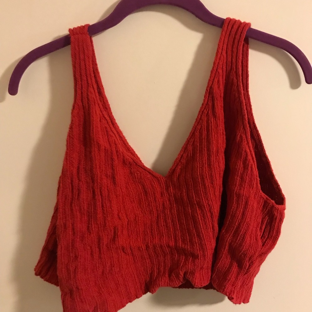 Red Knit V Neck Boxy Crop Top